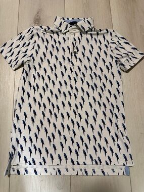 Greyson Kids White Polo Golf Shirt-Polo  with Blue Parrot Print size M
